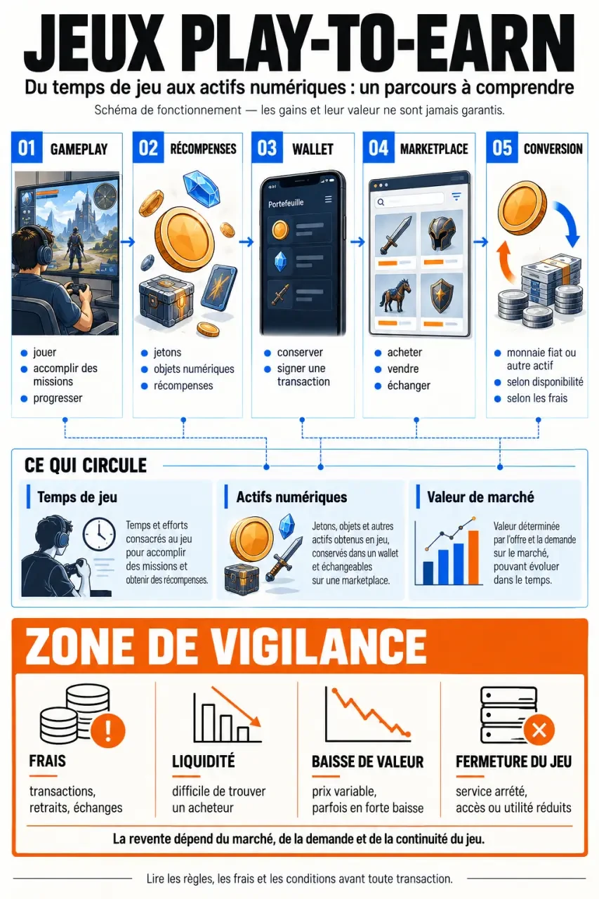 Infographie expliquant le fonctionnement et les risques des jeux play-to-earn