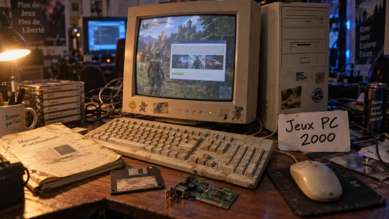 Jeu pc année 2000 : PC beige et disquettes sur table, jeux de la décennie