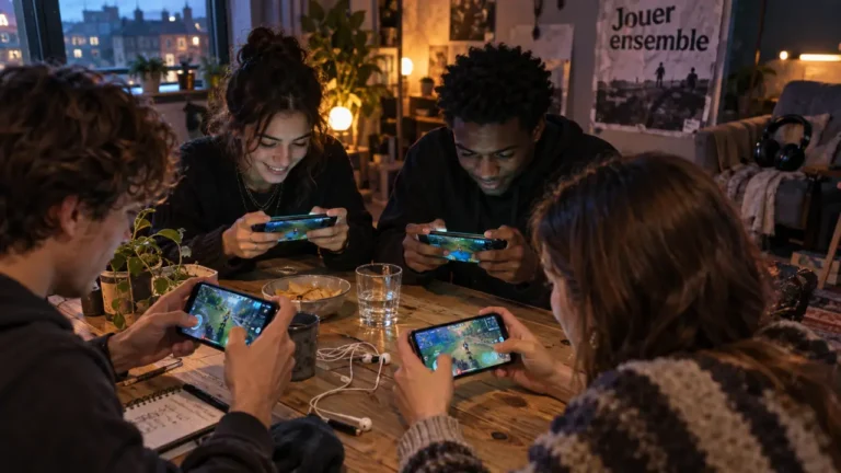 Jeux multijoueur mobile : quatre amis jouent ensemble sur smartphones
