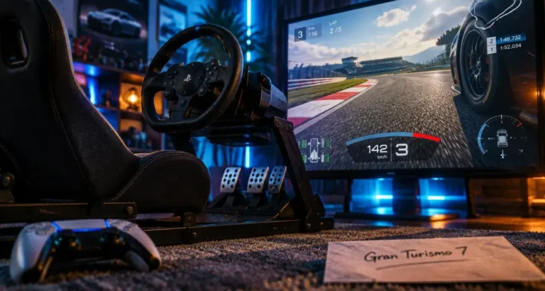 Meilleur jeu de voiture PS5 : volant et Gran Turismo 7 sur écran 4K